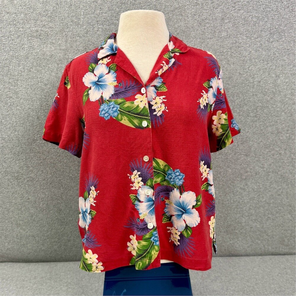 Vintage Bill Blass 100% Silk Shirt Womens M Red Hawaiian Floral Camp Collar